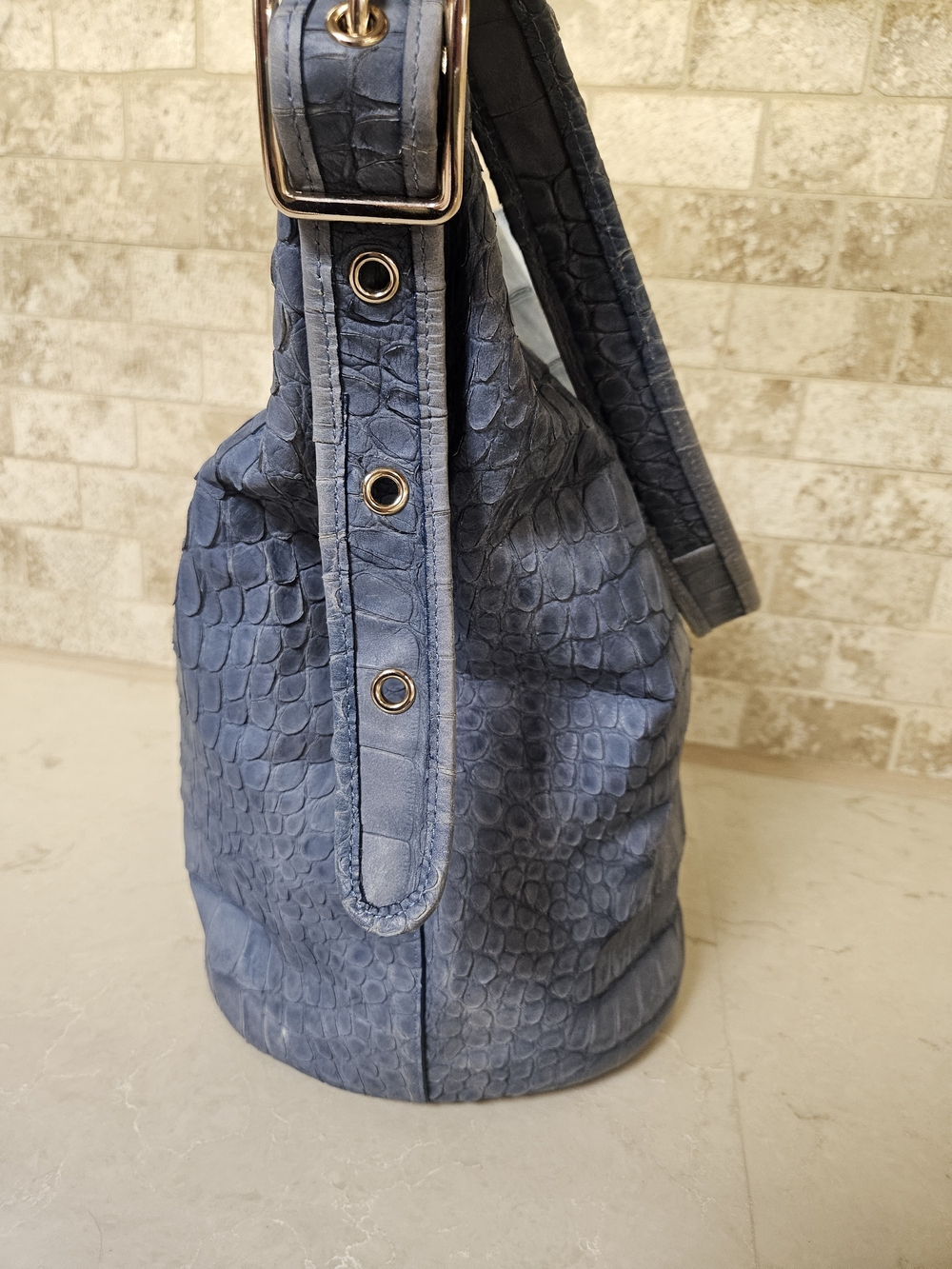 Coach Blue Denim Croc-Embossed Leather Bucket Bag - Picture 5 of 11